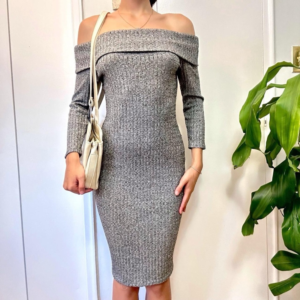Lu Lu's Off Shoulder Knit Midi Dress Grey Size Medium